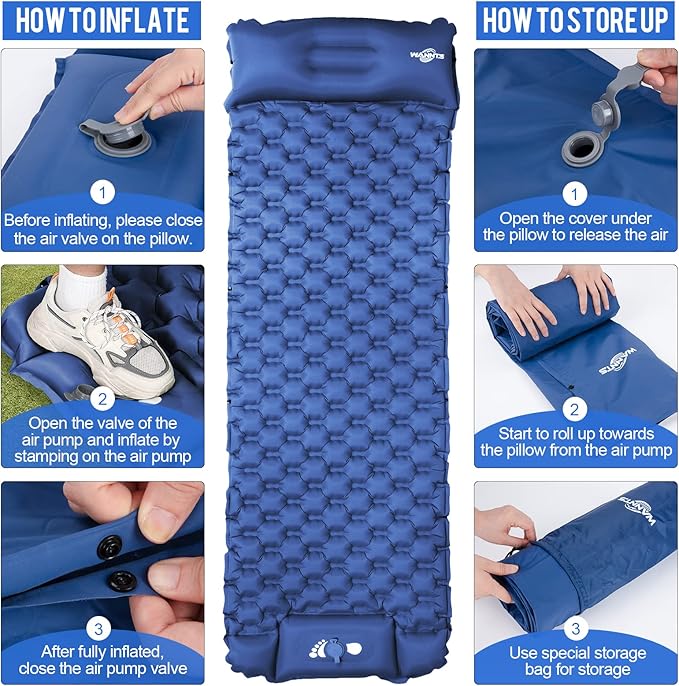 WANNTS Sleeping Pad, Ultralight Inflatable Sleeping Pad for Camping, Built-in Pump, Ultimate for Camping, Hiking - Airpad, Carry Bag, Repair Kit - Compact & Lightweight Camping Pad(Blue)