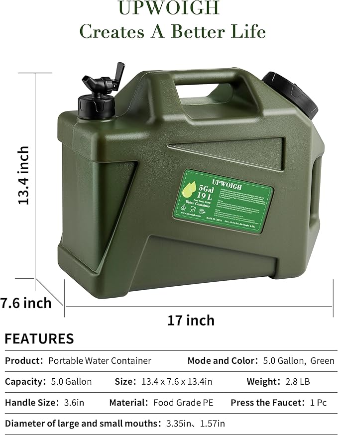 5 Gallon Water Jug, Camping Water Containers, Truly No Leakage Water Tank, Large Military Green Water Storage,BPA Free Portable Emergency Overlanding Gear for Outdoors&Hiking