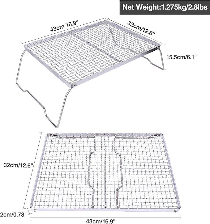 REDCAMP Folding Campfire Grill 304 Stainless Steel Grate, Heavy Duty Portable Camping Grill with Carrying Bag, Silver Large Mesh