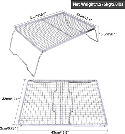 REDCAMP Folding Campfire Grill 304 Stainless Steel Grate, Heavy Duty Portable Camping Grill with Carrying Bag, Silver Large Mesh