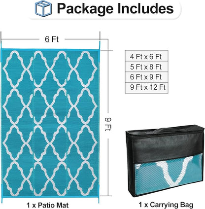 OutdoorLines Outdoor Plastic Area Rugs for Patio 6x9 ft - Reversible Outside Carpet, Stain & UV Resistant RV Mats, Straw Rug for Camping, Deck Garden, Porch and Balcony, Moroccan Teal & Light Grey
