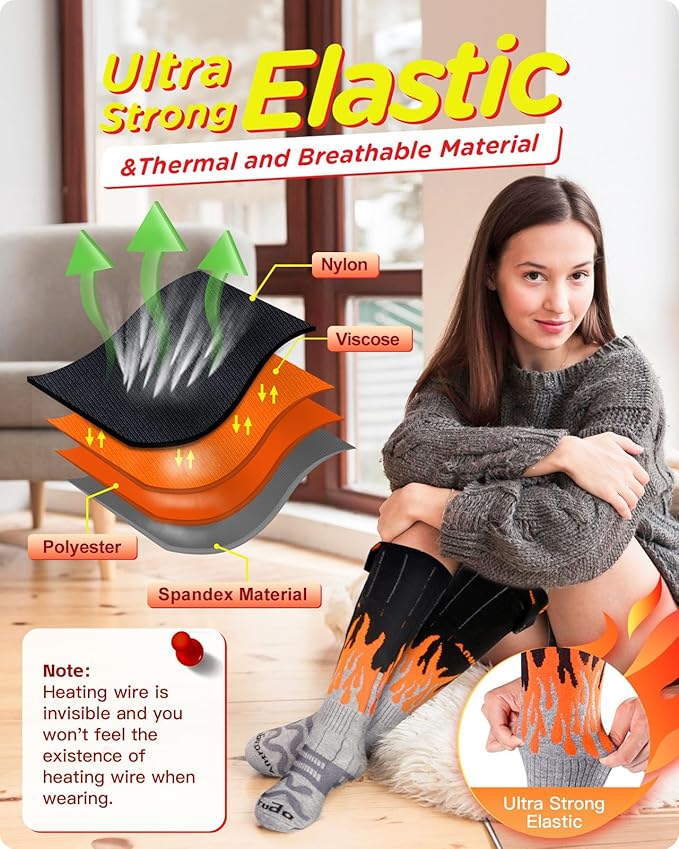 Rechargeable Heated Socks for Whole Sole, Toes and Instep, 5000 mAh Battery Powered Warm Socks for Up to 10 Hours, XL Large Thermal Heated Socks Women and Men for Camping|Hiking|Skiing|Hunting|Unisex