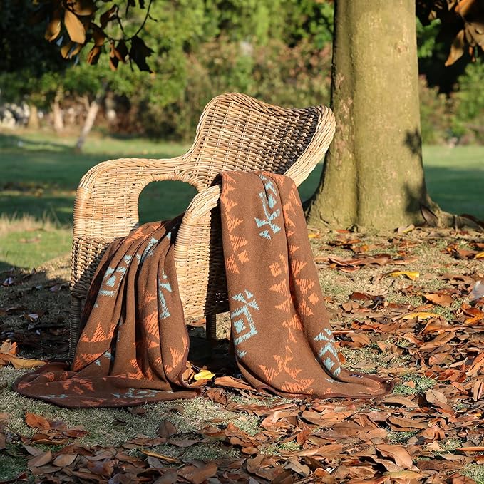 ACUSHLA Merino Wool Blanket - Soft Warm Thick Washable Large Throw Blanket for Camping Bed Couch Outdoor Travel All Weather, Navajo Style Brown 79X63