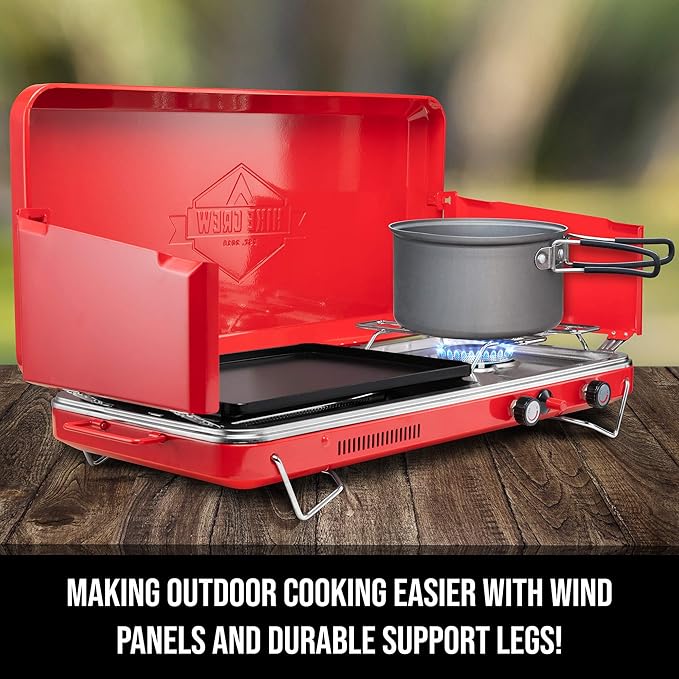 Hike Crew 2-in-1 Gas Camping Stove | Portable Propane Grill/Stove Burner w/Integrated Igniter & Stainless Steel Drip Tray | Built-in Carrying Handle, Foldable Legs & Wind Panels | Includes Regulator