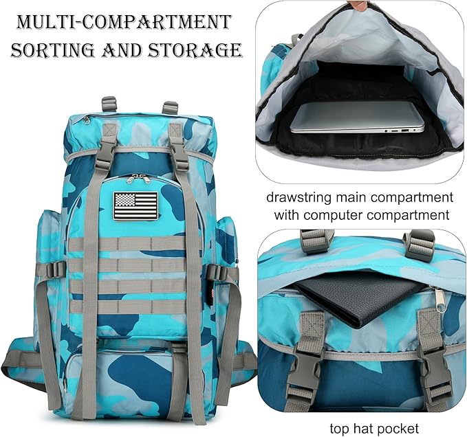 45L Hiking Backpack Camping Rucksack Molle Military Backpack for Outdoor Traveling (Blue Camo)