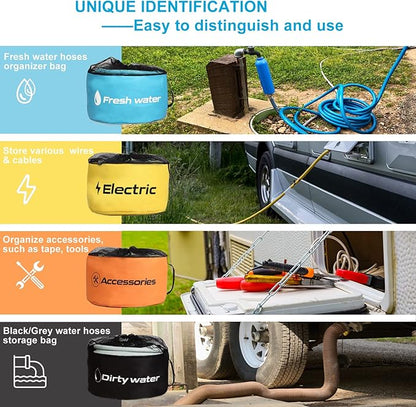 RV Hose Storage of 4 Pack, RV Accessories Storage Bag with 4 Storage Straps for Sewer Hoses/Fresh Water Hoses/Electrical Cords/Camper Tools Accessories
