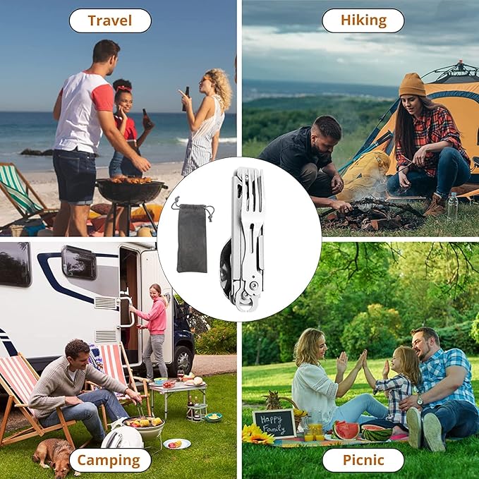 HONZIN Camping Utensil Set 5-in-1 Multi Functional Folding Flatware Set, Pocket Utensil Set Portable Detachable Stainless Steel Knife Spoon Fork Bottle Opener, Can Opener Combo Set with Carrying Bag