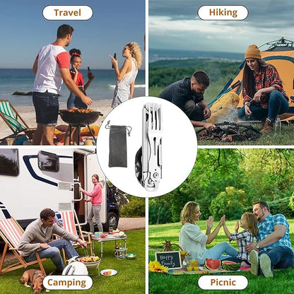 HONZIN Camping Utensil Set 5-in-1 Multi Functional Folding Flatware Set, Pocket Utensil Set Portable Detachable Stainless Steel Knife Spoon Fork Bottle Opener, Can Opener Combo Set with Carrying Bag