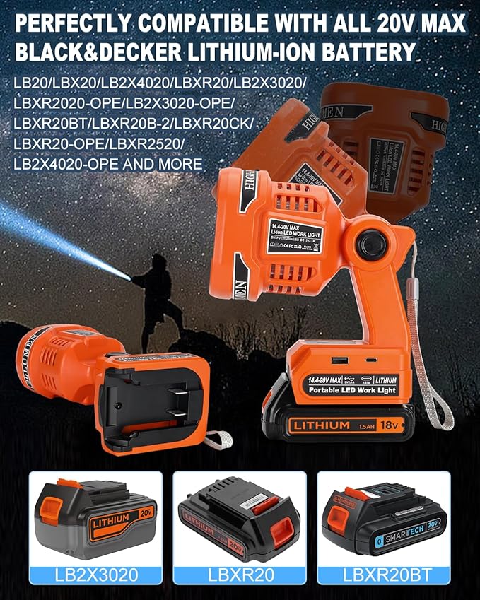 Cordless LED Flashlight for Black and Decker 20v Battery, 22W LED Work Light with USB-A&USB-C 2.1A Fast Charging Ports for Jobsite, Car Repairing, Camping, Emergency