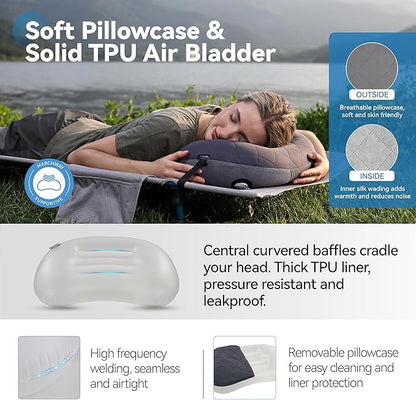 MARCHWAY Ultralight Inflatable Camping Pillow with Soft Washable Cover, Compact Compressible Portable Travel Air Pillow for Outdoor Camp, Sport, Hiking, Backpacking Sleep (Grey)