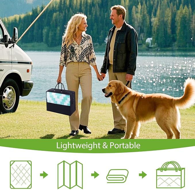 Smiry Waterproof Outdoor Rug 9x12 ft, Reversible Plastic Straw Patio Camping Rugs, Outdoor Indoor RV Mat Carpet for Patio, Outside Entry, Backyard, Deck, Bench, Picnic, Camper, White & Teal