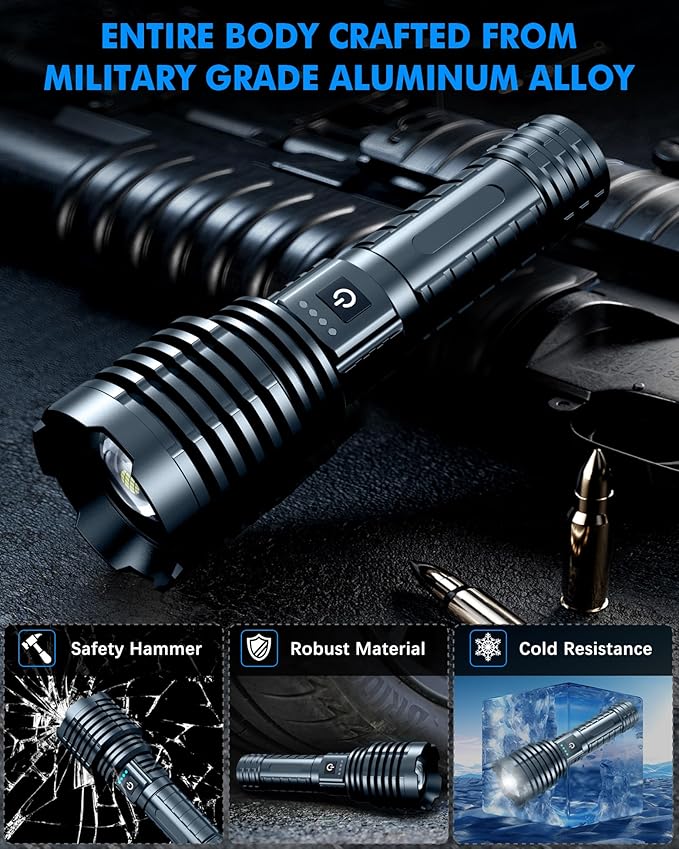 Super Bright Rechargeable LED Flashlights,True 2500000 High Lumens, Powerful Tactical Flashlight Up to 25H Long Battery Life |Zoomable|5Light Modes|IP67 Water Resistant for Camping (Grey)