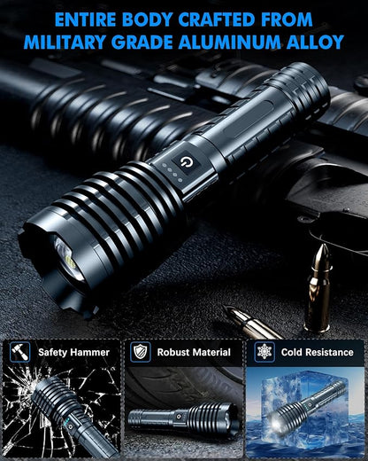 Super Bright Rechargeable LED Flashlights,True 2500000 High Lumens, Powerful Tactical Flashlight Up to 25H Long Battery Life |Zoomable|5Light Modes|IP67 Water Resistant for Camping (Grey)