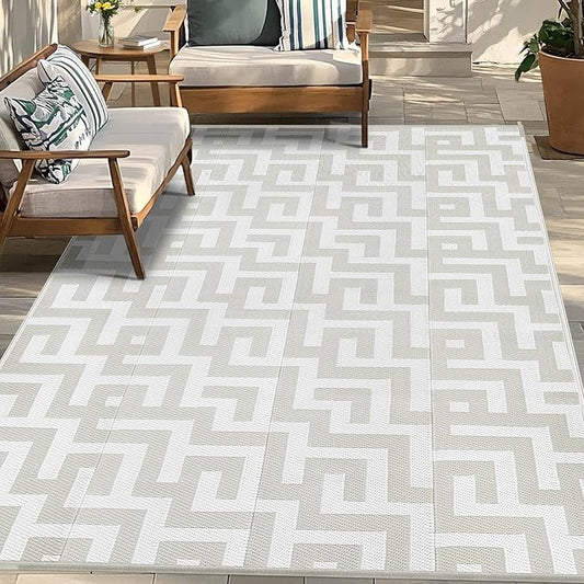 Outdoor Patio Plastic Straw Rug - 6'x9' Outdoor Camping Rug Waterproof Reversible, Area Carpet Patios Clearance RV, Outside Porch Balcony Deck for Camper, Grey & White