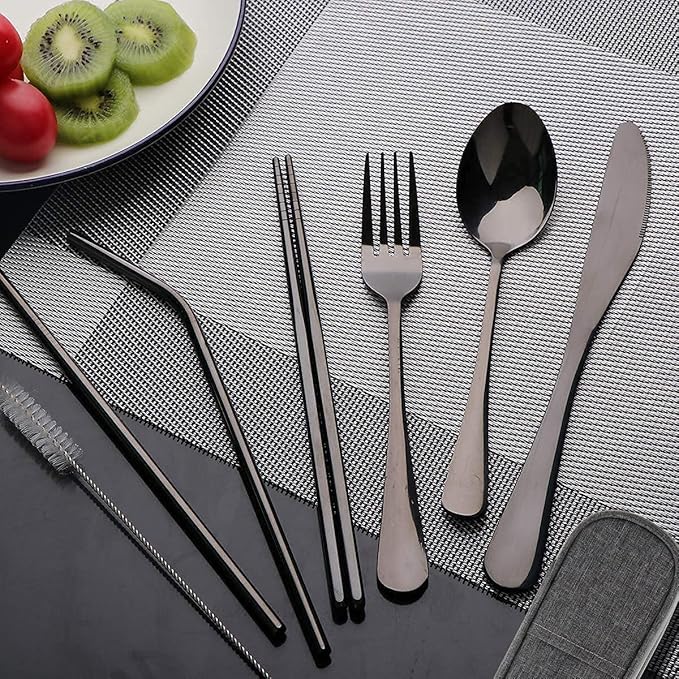 Travel Utensils Set with Case Reusable Portable Cutlery Set Stainless Steel 8pcs Including Dinner Knife Fork Spoon Chopsticks straws(Black)
