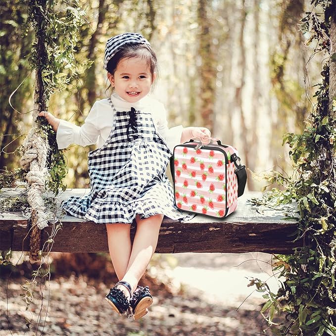 Fruit Strawberry Insulated Lunch Bag Girls,Kids Thermal Meal Cute Pink Stripe Reusable Lunch Box Children Waterproof Back to School Picnic