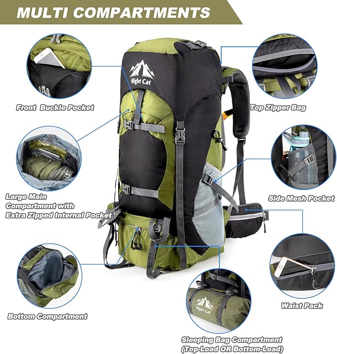 Night Cat Hiking Backpacks 40L Camping Backpacking Packs for Men Women Lightweight Outdoor for Mountaineering Traveling, No Internal Frame