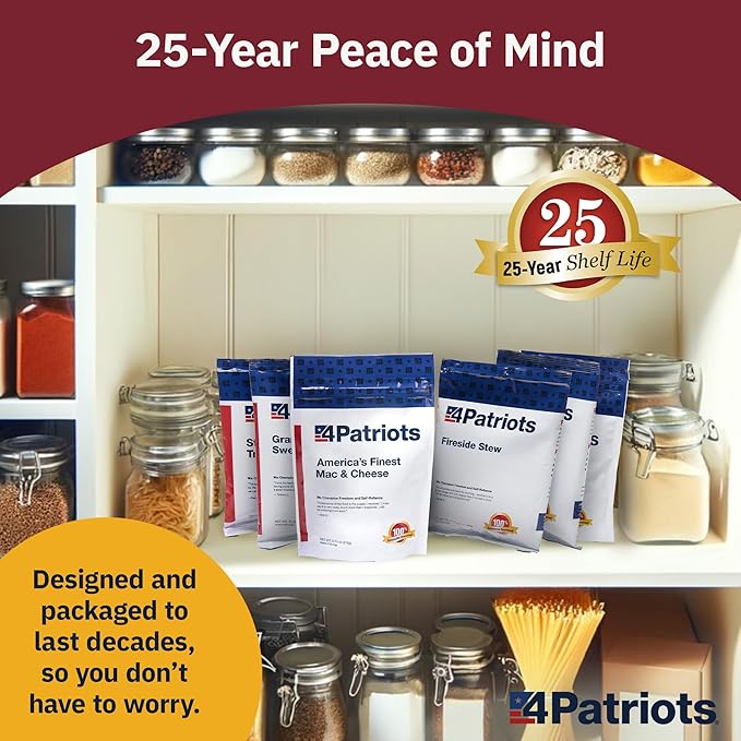 4Patriots: 1-Week Emergency Food Supply Survival Kit, Perfect for Camping, Freeze-Dried Preparedness Food, Designed to Last 25 Years, Be Ready with 42 Servings of Delicious Breakfast, Lunch, & Dinner