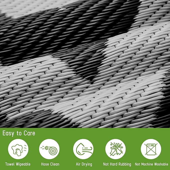 Easy-Going Reversible Outdoor Rugs 4x6ft Waterproof Plastic Straw Rug Stain & UV Resistant Floor Mat for Patio Porch RV Backyard Pool Deck Picnic Beach Trailer Camping (Waved Black & Light Grey)