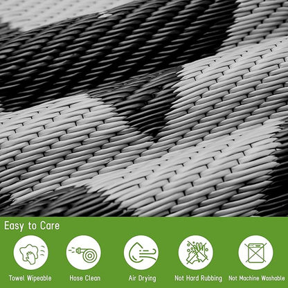 Easy-Going Reversible Outdoor Rugs 4x6ft Waterproof Plastic Straw Rug Stain & UV Resistant Floor Mat for Patio Porch RV Backyard Pool Deck Picnic Beach Trailer Camping (Waved Black & Light Grey)
