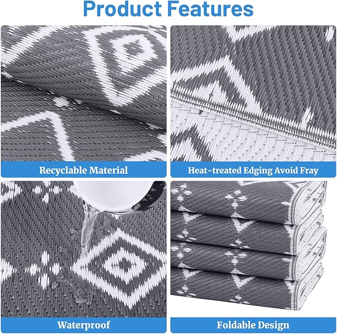 StepRite 6’ x 9’ Reversible Outdoor Rug, Waterproof Plastic Straw Rug, Patio Rug, Large Modern Area Rug Carpet, Indoor Outdoor Rugs for Camping, Porch, Deck, Balcony, Backyard, RV, Picnic(Grey)