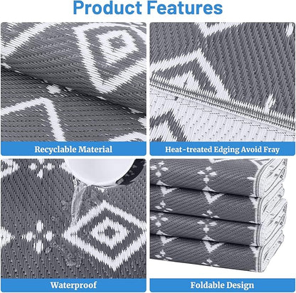 StepRite 6’ x 9’ Reversible Outdoor Rug, Waterproof Plastic Straw Rug, Patio Rug, Large Modern Area Rug Carpet, Indoor Outdoor Rugs for Camping, Porch, Deck, Balcony, Backyard, RV, Picnic(Grey)