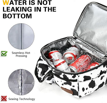 LOKASS Lunch Box for Women-Double Deck Insulated Adults Lunch Bag with Removable Shoulder Strap-Cow Print Cute Wide Open Lunch Tote for Work/Office/Picnic/Beach/Travel