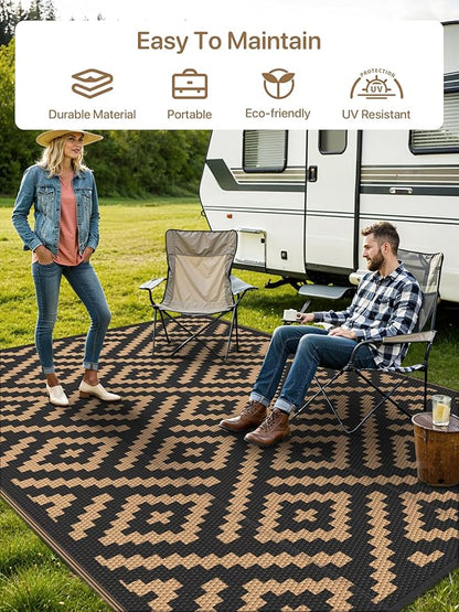 GENIMO Outdoor Rug for Patio Clearance,9'x12' Waterproof Large Mat,Reversible Plastic Camping Rugs,Rv,Porch,Deck,Camper,Balcony,Backyard (Black & Brown)