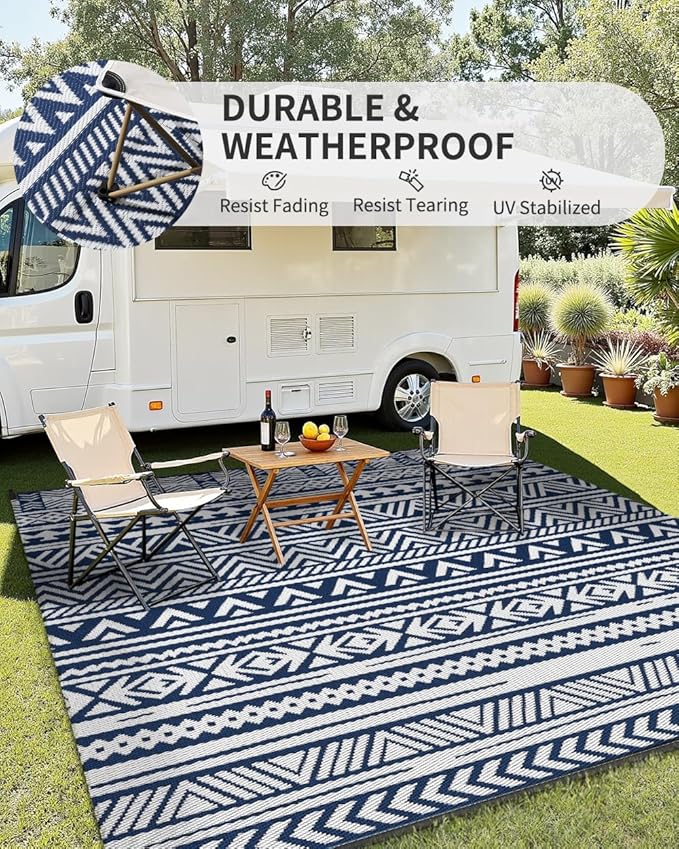 MontVoo-Outdoor Rug Carpet Waterproof 5x8 ft Reversible Patio Rug RV Camping Rug-Plastic Straw Rug Outside Indoor Outdoor Area Rug for Patio Deck Balcony Picnic Beach Outdoor Decor Boho Navy Blue