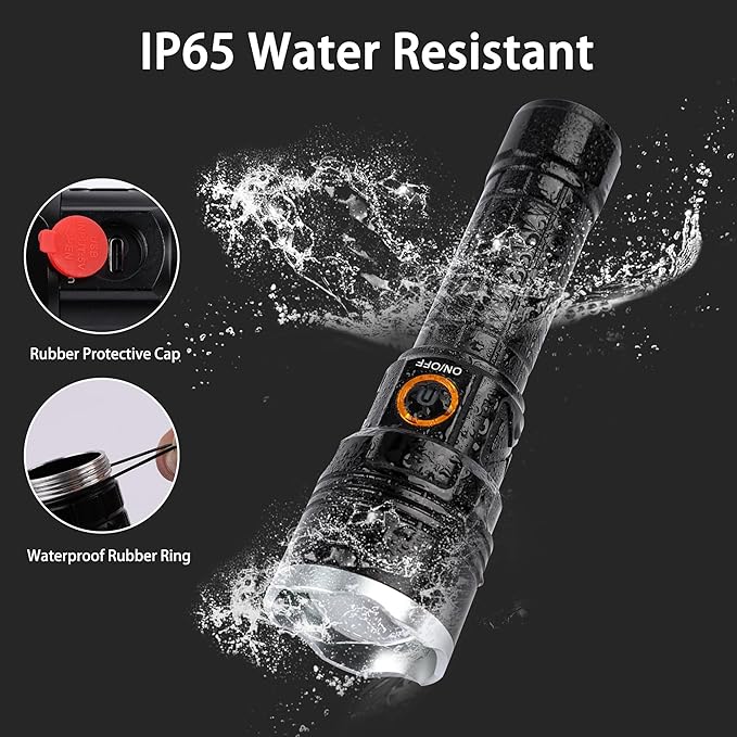 Rechargeable LED Flashlights High Lumens，20000 Lumen Powerful Tactical Flashlight with Zoomable，3 Modes，XHP70 Super Bright Waterproof Flashlights for Emergencies，Camping，Hiking
