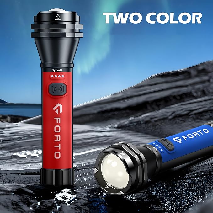 FORTO Flashlight 100000 High Lumens,Super Bright LED Rechargeable Flashlight,Zoomable,Waterproof,4 Modes Flash Light with Side Lights,Handheld Flashlights for Camping,Hiking,Emergency,Home,Red