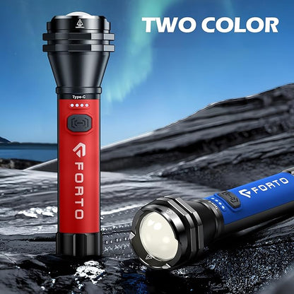 FORTO Flashlight 100000 High Lumens,Super Bright LED Rechargeable Flashlight,Zoomable,Waterproof,4 Modes Flash Light with Side Lights,Handheld Flashlights for Camping,Hiking,Emergency,Home,Red