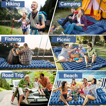 Double Sleeping Pad for Camping - Self Inflating 4" Extra-Thick for 2 Person with Pillow Built-in Foot Pump Inflatable Sleeping Mat for Backpacking, Hiking, Traveling, Tent