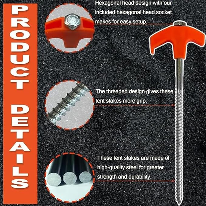 12 Pack Tent Stakes Heavy Duty, Screw in Tent Stakes Heavy Duty, Metal Tent Stakes, 8" Tent Pegs, Camping Stakes, with 1 Hex Head Driver, 1Stopper T Pull Hook, with 4 X 13ft Ropes,Storage Box (B1)