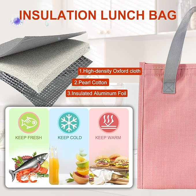 Mziart Minimalist Lunch Bag, Reusable Insulated Bag for Women Men Box Container Leakproof Simple Bento Tote Adults Cooler Work Office Picnic or Travel (Pink) M23HK-LB-005-JJ