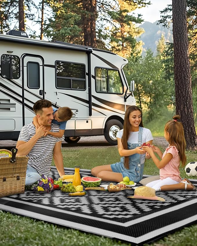 Kohree Outdoor Rug Waterproof 6x9 ft, RV Outdoor Plastic Straw Rug for Patios Clearance,Reversible Area Rug for Camping,Balcony,Deck,Black & Gray