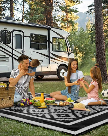 Kohree Outdoor Rug Waterproof 6x9 ft, RV Outdoor Plastic Straw Rug for Patios Clearance,Reversible Area Rug for Camping,Balcony,Deck,Black & Gray