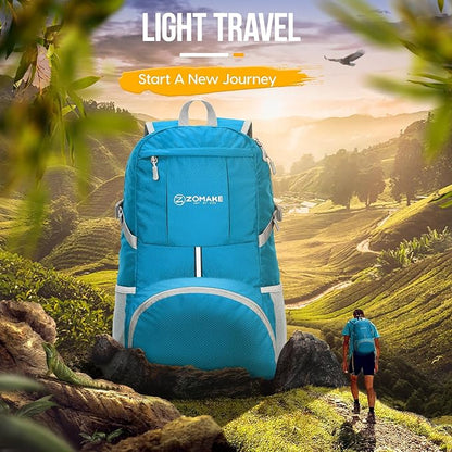 ZOMAKE Lightweight Packable Backpack 35L - Light Foldable Backpacks Water Resistant Collapsible Hiking Backpack - Compact Folding Day Pack for Travel Camping(Light Blue)