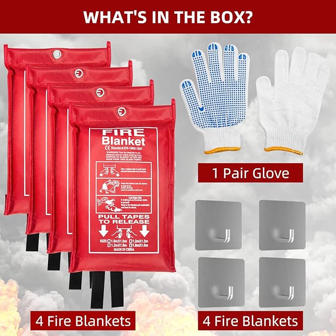 Emergency Fire Blanket (4 Pack, 40 in X 40 in) + 4 Hooks & 1 Gloves, Fiberglass Fireproof Fire Blanket for Home and Kitchen, Camping, Grill, Car, Warehouse