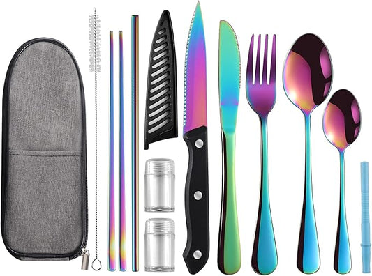 Portable Travel Utensils Set,Reusable Utensils,Travel Camping Cutlery Set,Stainless Steel Flatware Set with Case,Lunch Boxes Workplace Camping School Picnic (Rainbow)