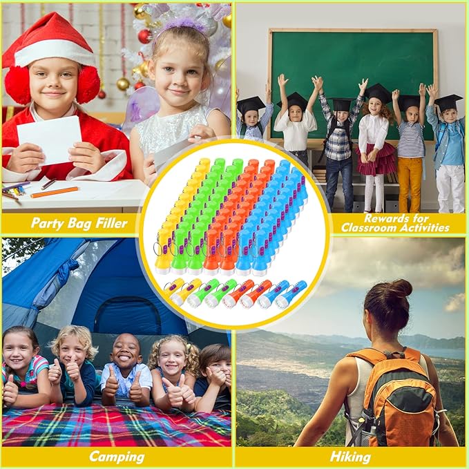 Mini Flashlight Keychain Assorted Colors Mini Toy Flashlight Small Party Flashlight Tiny LED Flashlight for Kids Adults Hiking Camping Party Favors Goody Bag Fillers Prizes, 4 Colors (96 Pcs)