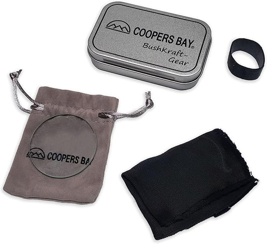 Lens Burning Fire Starter Kit - Includes Glass Magnifying Lens, Char Cloth & Metal Storage Tin
