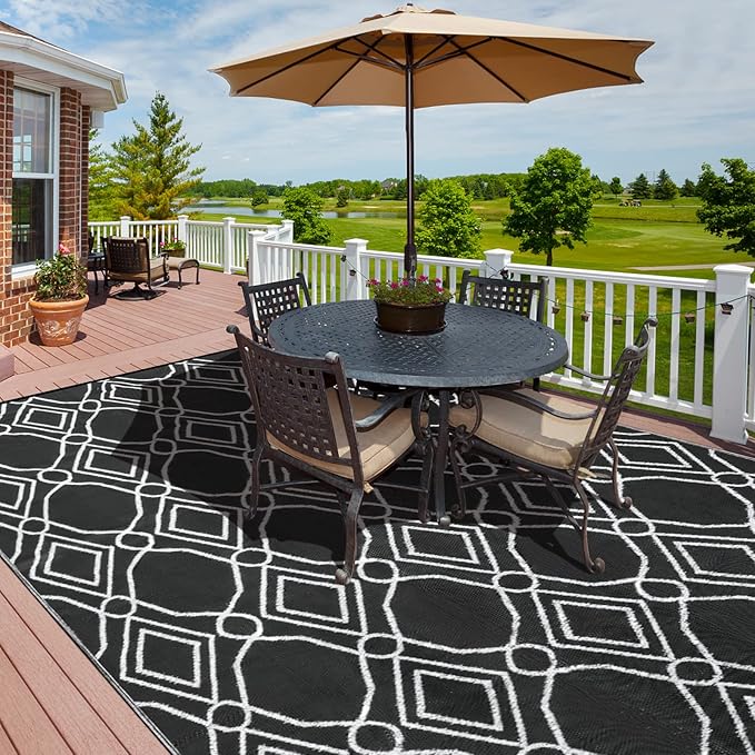 Kohree Outdoor Rugs 9x12 Patios Clearance, Outdoor Patio Rug Waterproof, Outdoor Carpet Camping Mat Rug for RV, Deck, Backyard, Picnic, Porch, with 4 Stakes and 1 Carry Bag, Black, Easy to Clean