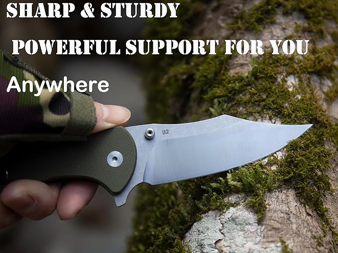 FD04 Folding Pocket Knife, D2 Steel Blade G10 Handle and Button Lock EDC Pocket Cool Knife for Men and Women, Camping Hunting Hiking Fishing Knives Tools (Green Clip)