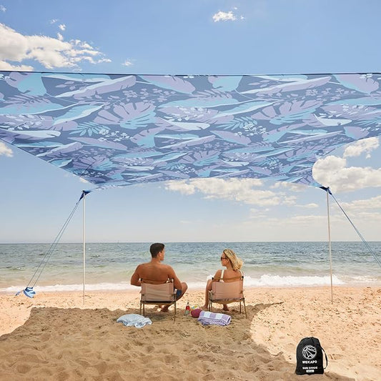 WEKAPO Beach Tent Sun Shelter - Easy Setup Beach Canopy with 4 Sturdy Poles, Large Sandbags and Shovel, 7'1'' Tall, Windproof Sun Shade for Backyard and Camping, UPF 50+ Protection