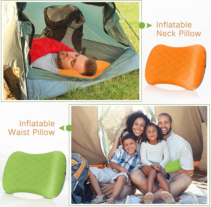 2 Pack Camping Pillow Inflatable Travel Pillow with Removable Cover Backpacking Pillow Blow up Pillow Neck Air Pillow Compressible for Lumbar Support Travel Hiking (Orange,Green)