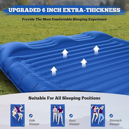TOBTOS Double Sleeping Pad for Camping, Extra Thick 6" Camping Mattress 2 Person with Pillow Built-in Foot Pump, Inflatable Sleeping Mat for Camping, Backpacking, Hiking, Traveling(Blue)