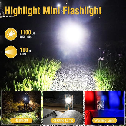 V7 Mini Powerful EDC Flashlight High Lumens 1100LM LED Rechargeable Flashlight with Magnetic and Cilp,Small Pocket Flash Light with Red Blue UV Light