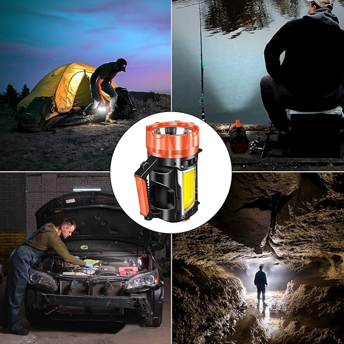 Handheld Spotlight Searchlight, Rechargeable 35W High Lumen Waterproof Ultra Bright LED Hand Crank Flashlight, Portable USB Power Bank With Long-lasting Battery For Camping, Outdoor, Emergency