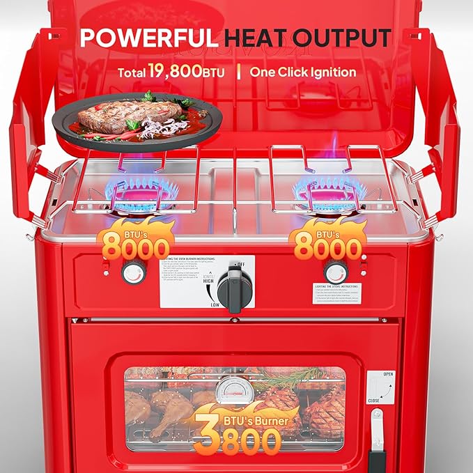 ROVSUN 2-in-1 Portable Camping Stove & Propane Oven with Piezo Igniter, 2 Burner Stove & Outdoor Oven with Adjustable Fire, Thermometer, Wind Panel & Regulator for Traveling, Tailgating (Red)